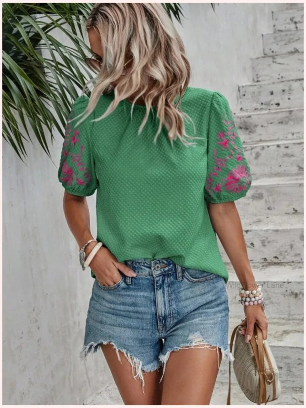 Crewneck Puff Short Sleeve Embroidered Blouse Tunic Top Loose Fit